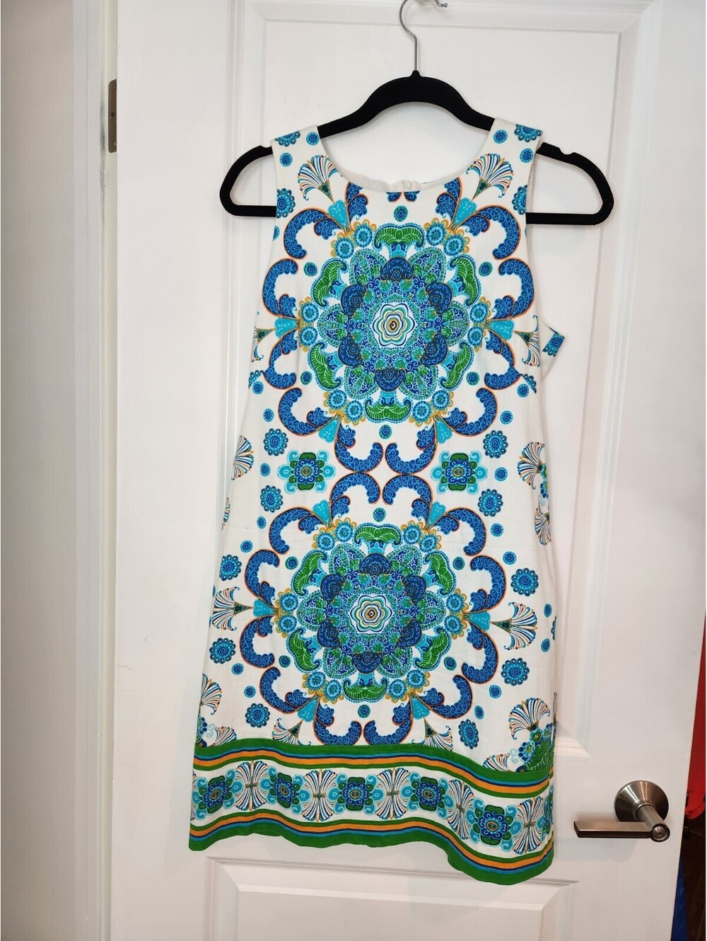 London Times Shift Dress Women's 10 Blu Yellow White Print Paisley Cotton Preppy